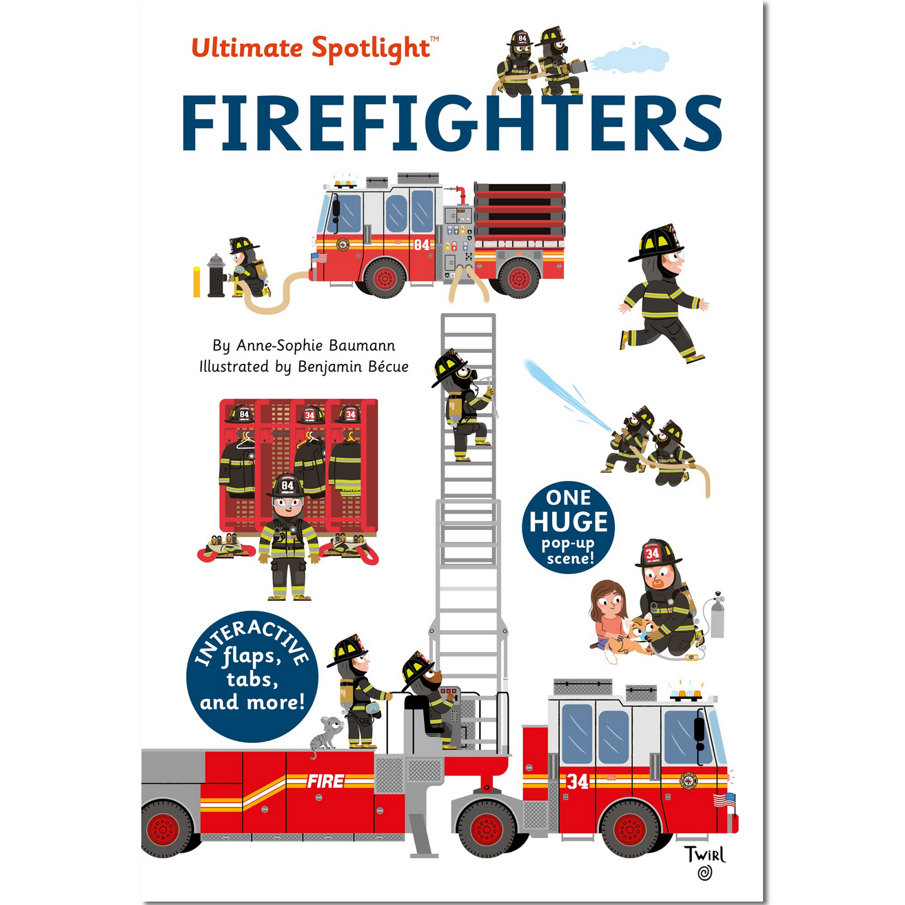 Book cover of 'Ultimate Spotlight: Firefighters' with illustrations of firefighters and fire trucks.