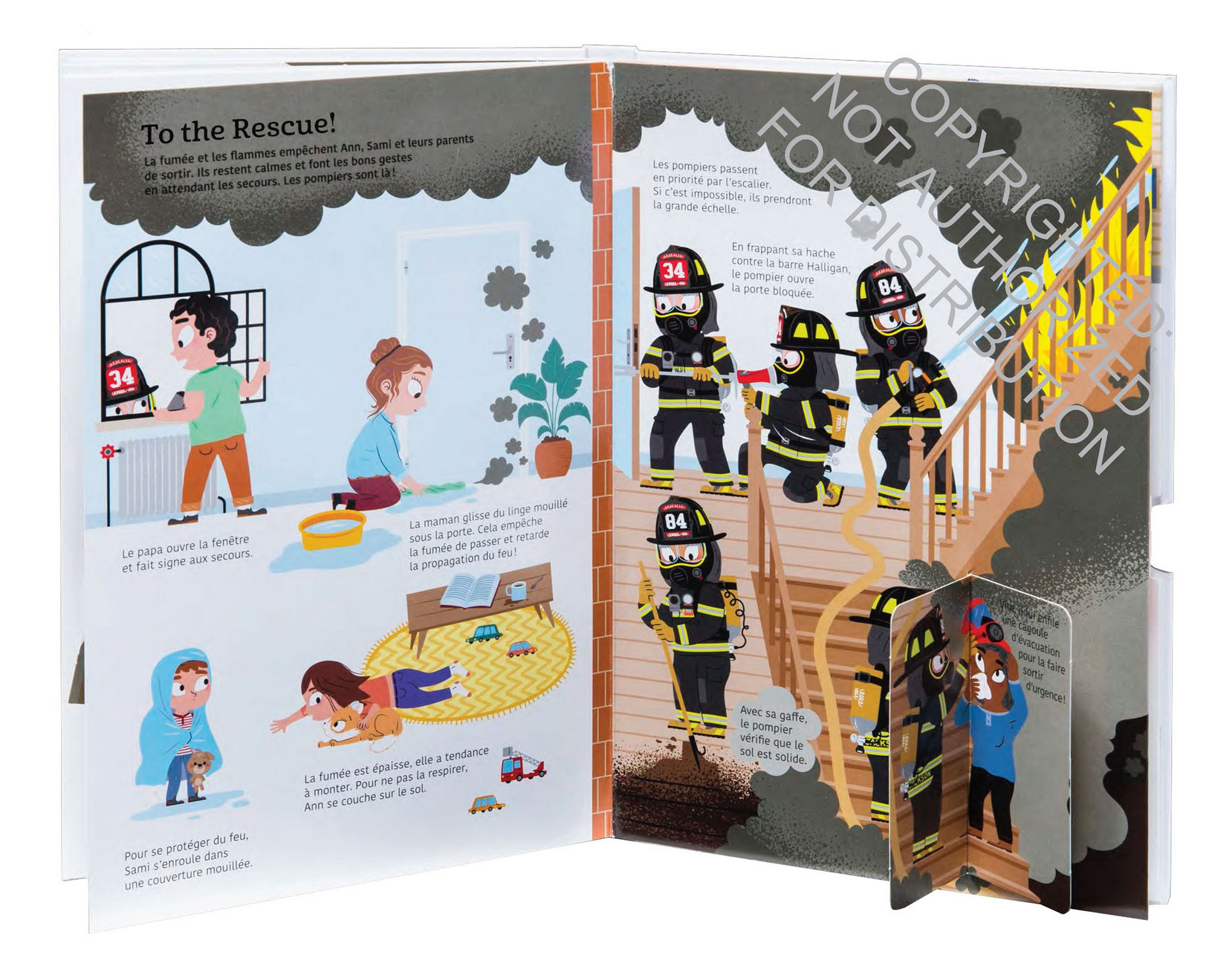 Open book showing illustrations of firefighters and children in a fire safety scenario.