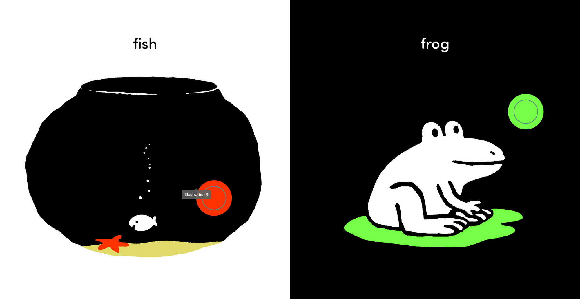Illustration of a fishbowl with a fish and a frog on a green background.