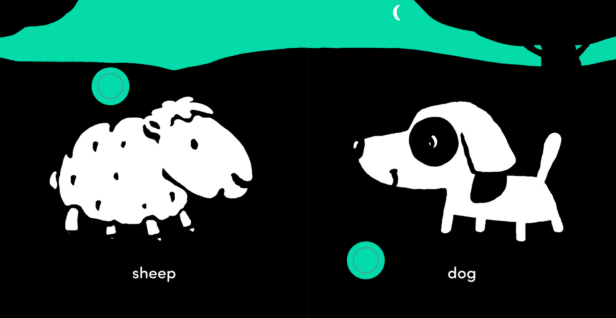 Illustration of a sheep and a dog with labels underneath on a black background.