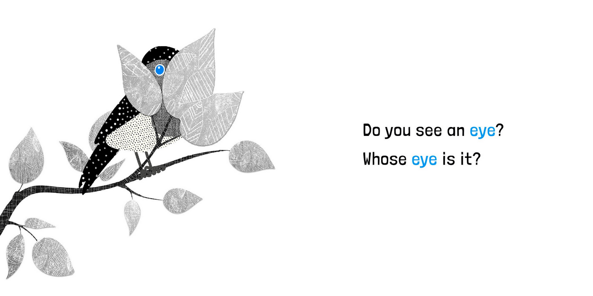 Illustration of a bird on a branch with a question about an eye, on a white background.
