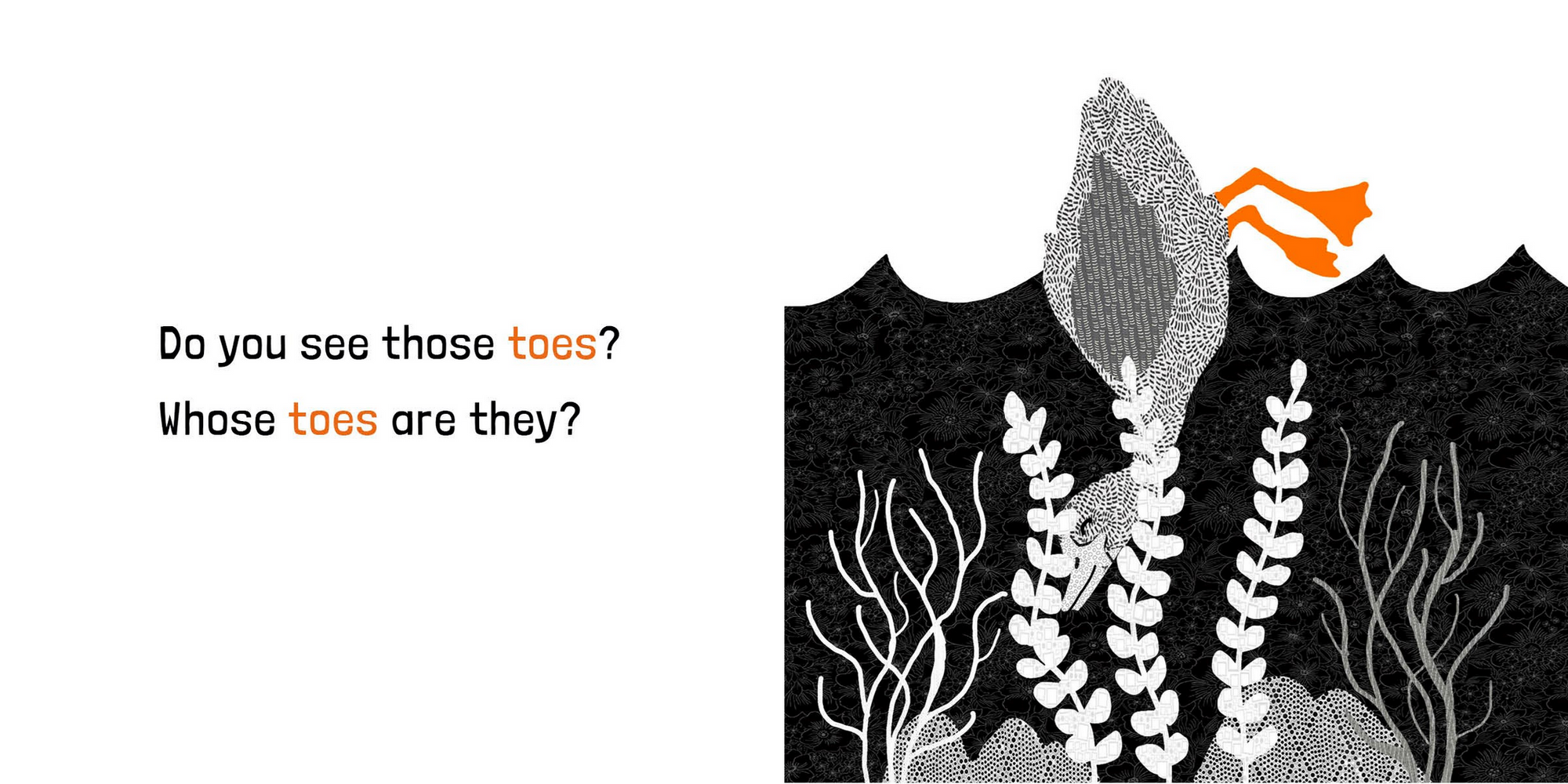Illustration of a shark with plant-like appendages and text asking about toes.