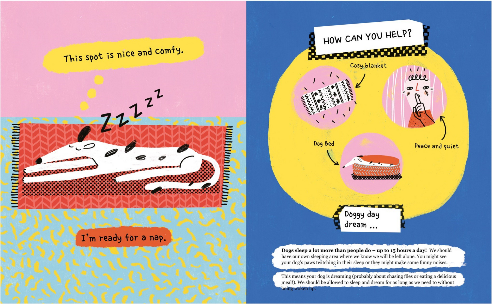 Illustrated book page with a dog and text on a pink and blue background