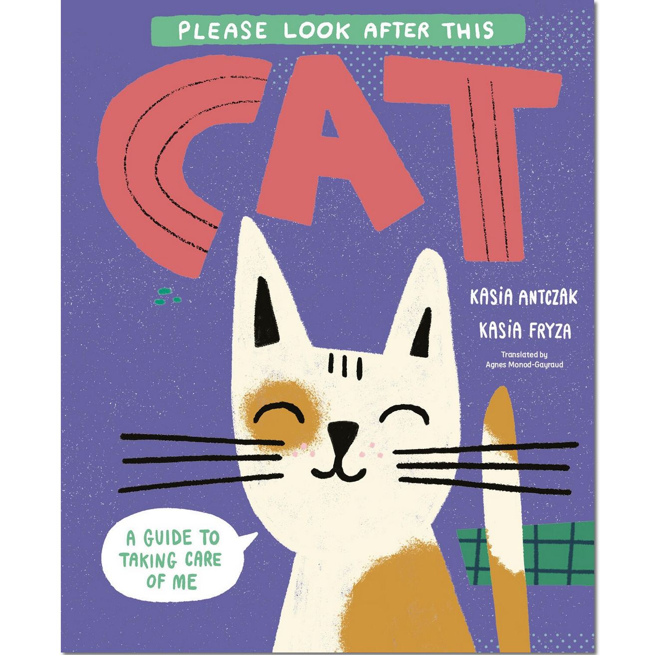 Book cover with a cat illustration and text 'Please look after this cat' on a purple background