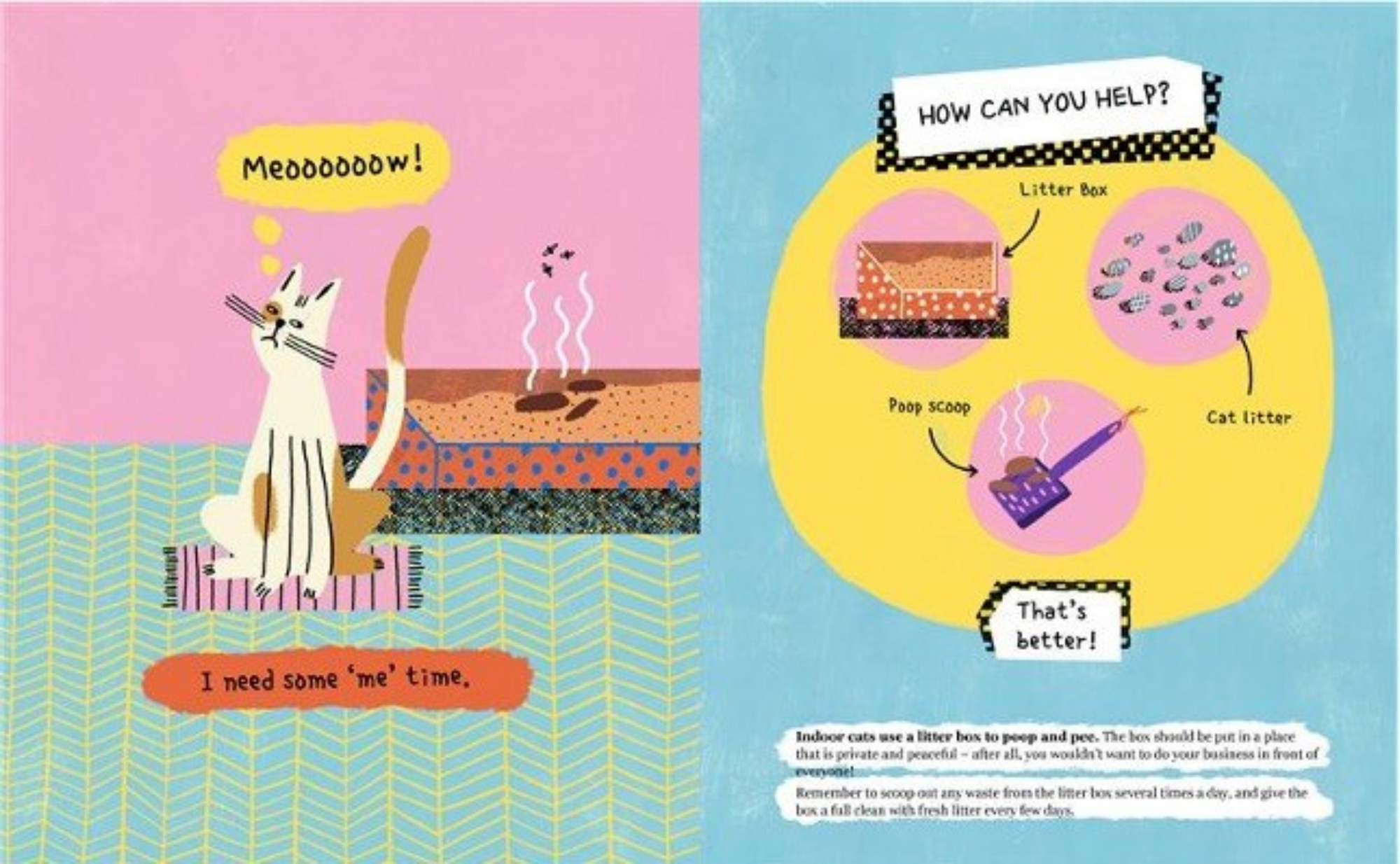 Illustrated book page with a cat and a diagram of a litter box, on a pink and blue background.