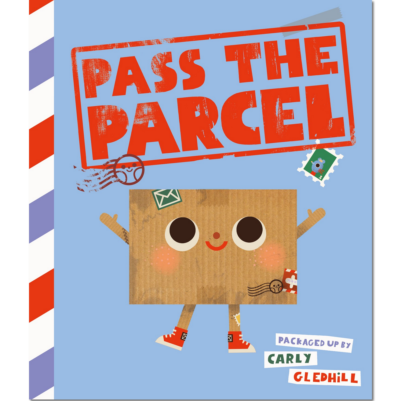 Book cover of 'Pass the Parcel' with a cartoon parcel character on a blue background