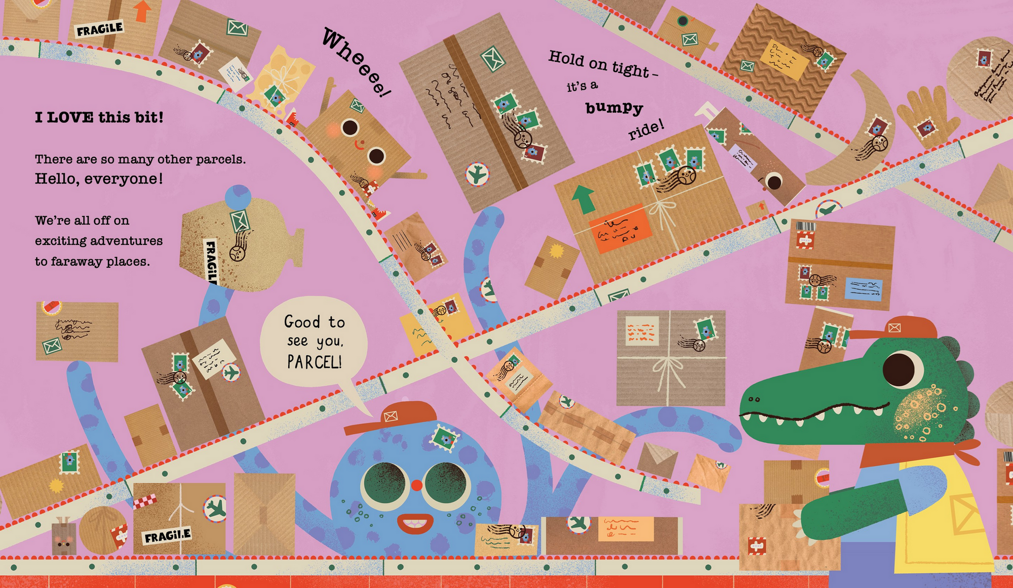 Illustrated scene with cartoon alligators and parcels on a pink background