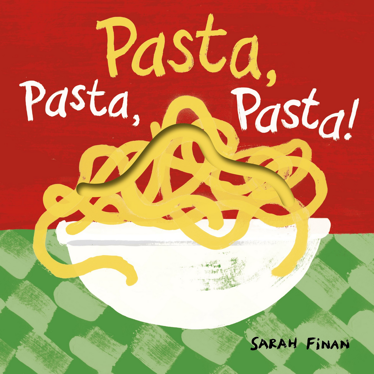Book cover of 'Pasta, Pasta, Pasta!' with a bowl of spaghetti on a red and green checkered background.