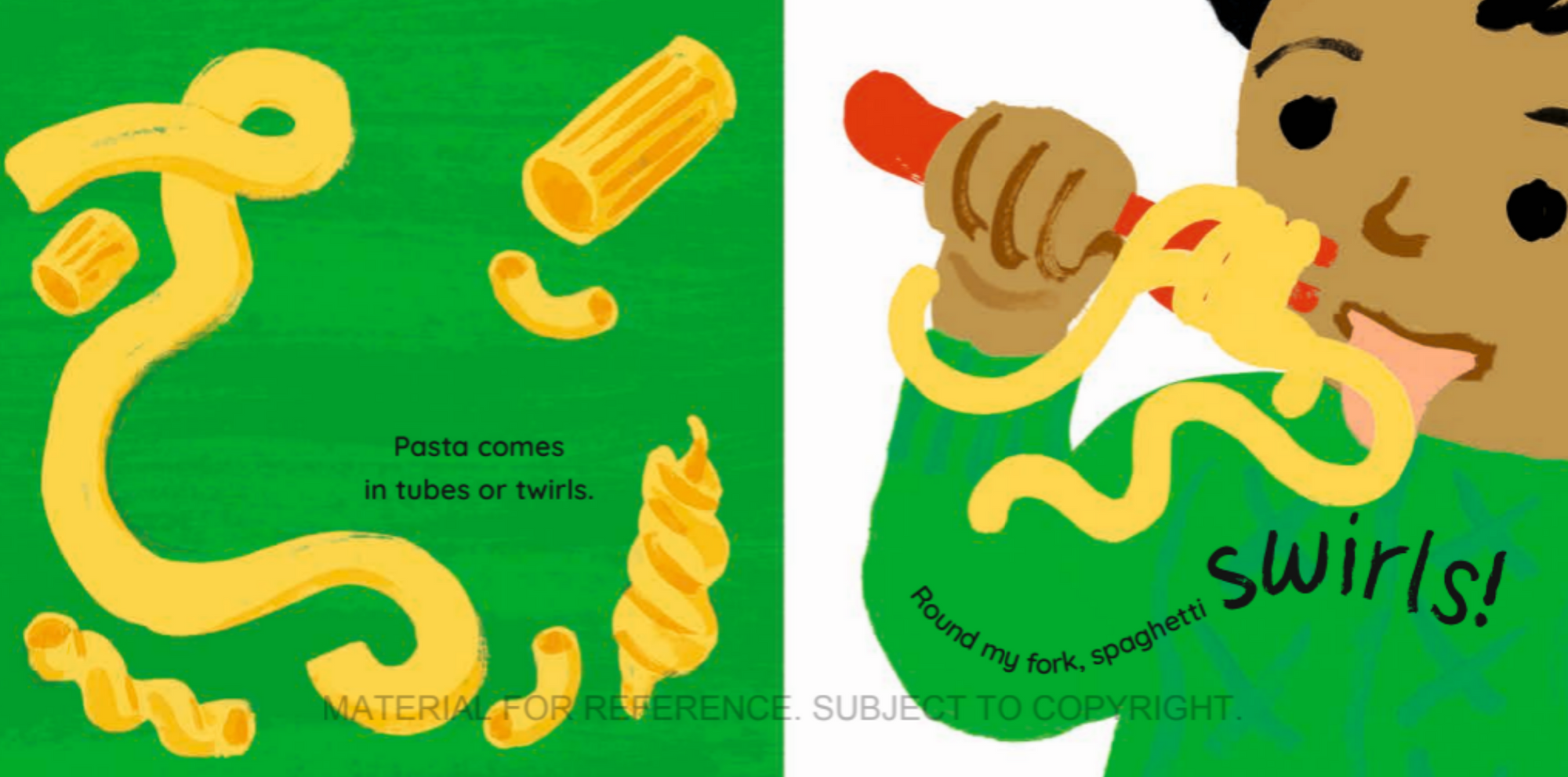 Illustration of pasta shapes and a child eating spaghetti with text on a green and white background.
