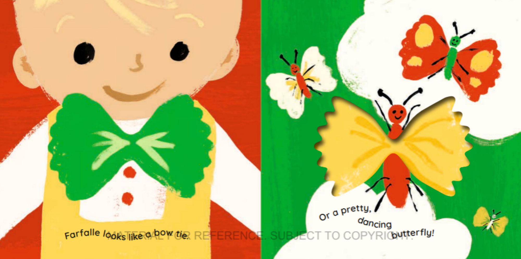 Illustration of a boy with a green bow tie and butterflies on a red and green background