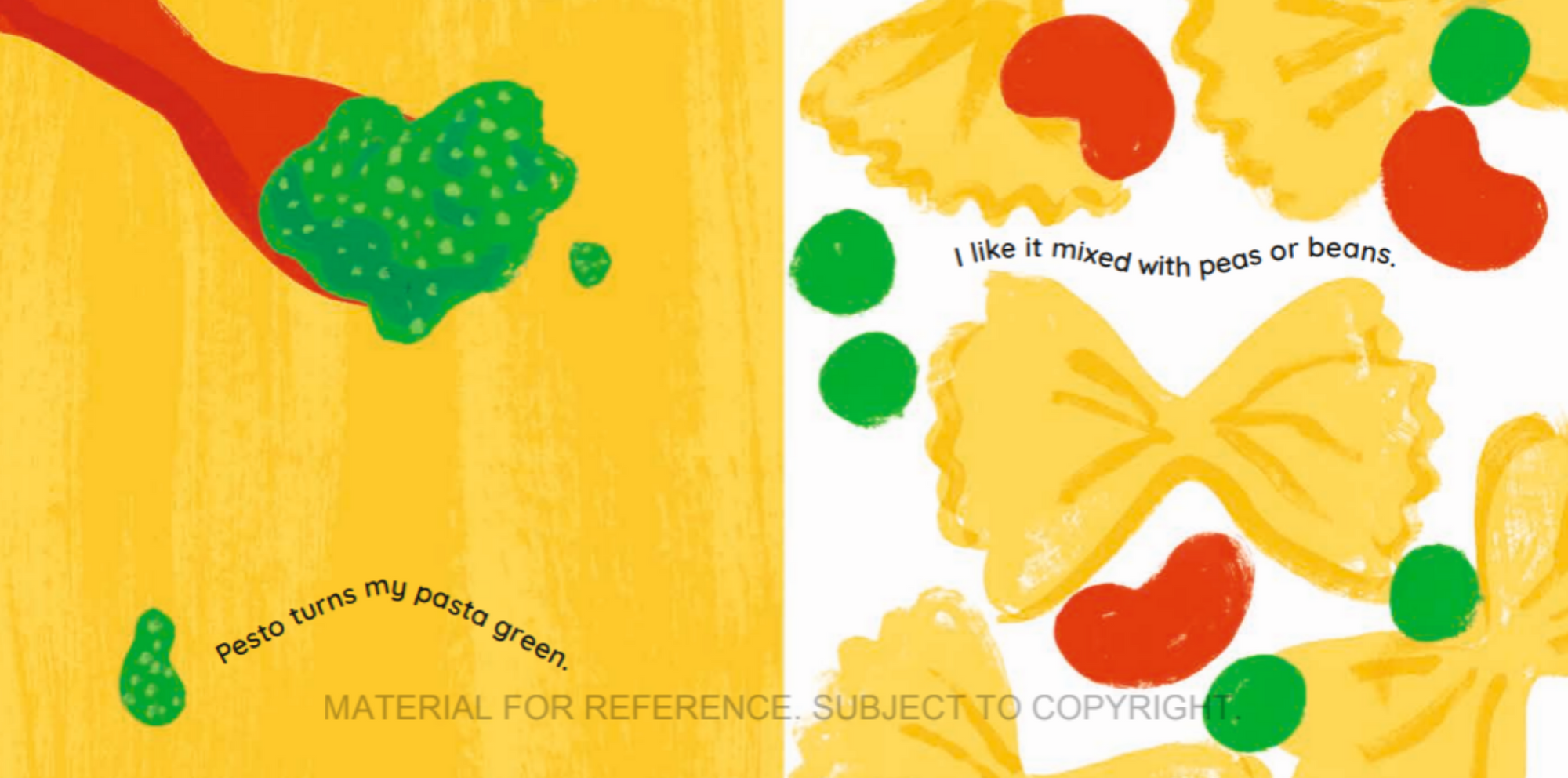 Illustration of a spoon with green pesto and bow-tie pasta with red and green spots on a yellow background.