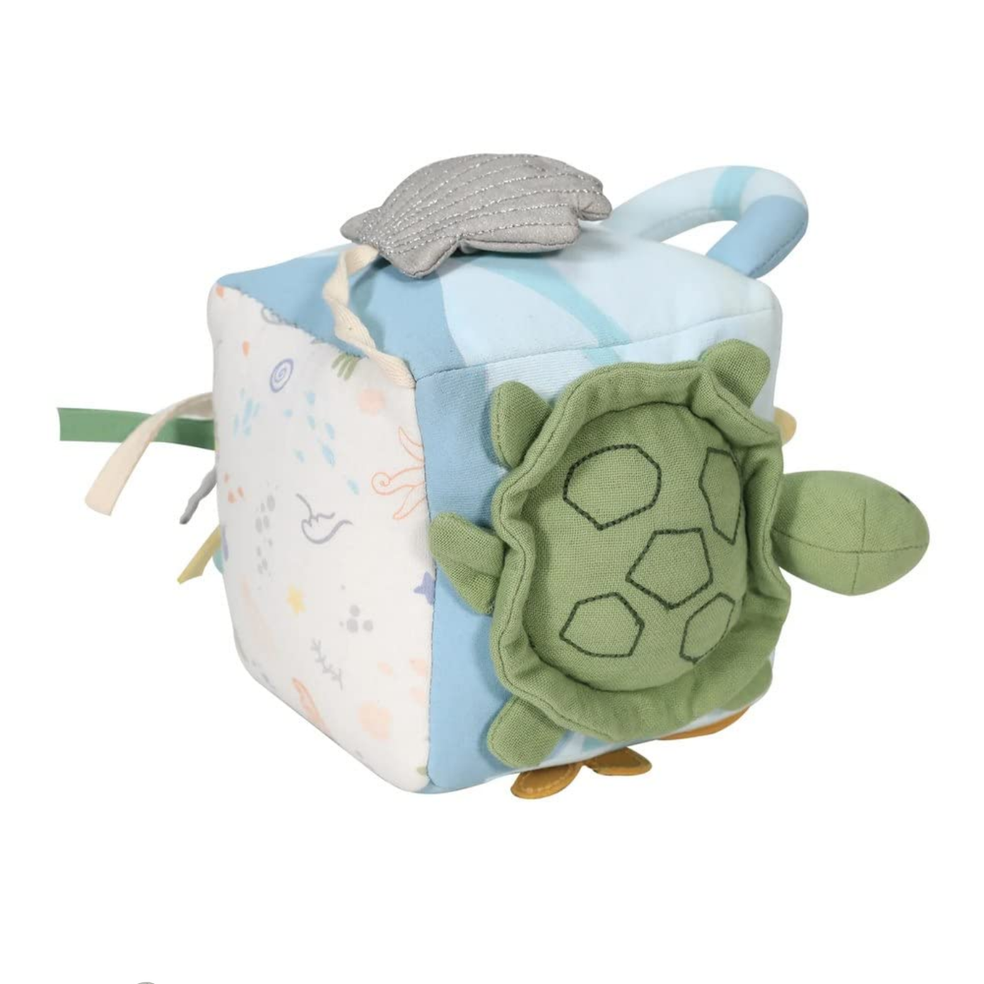 Children's soft activity cube with turtle design on a white background