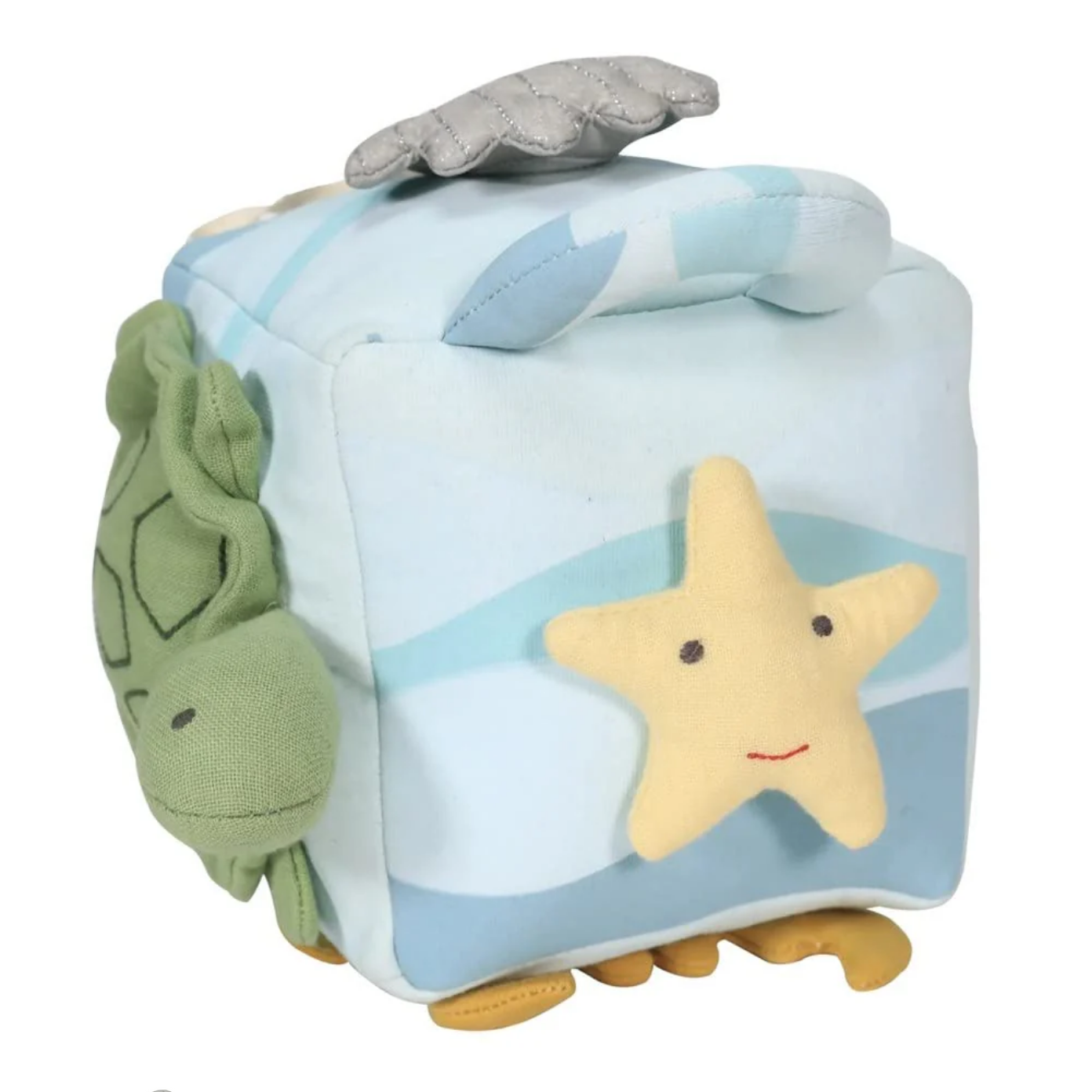 Toy cube with sea-themed soft animals on a white background