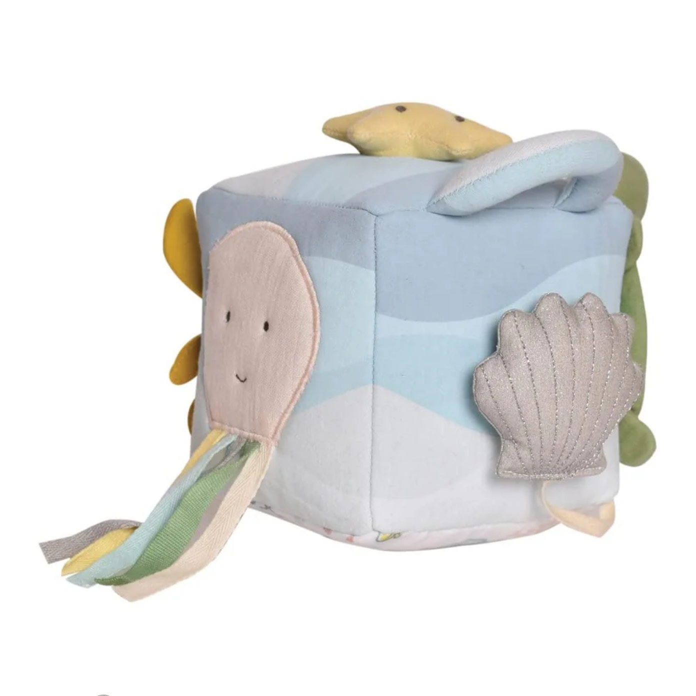 Plush toy cube with sea creature design on a white background