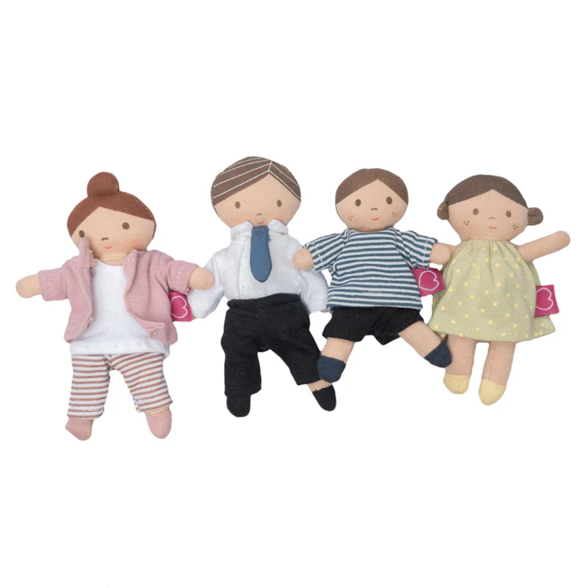 Set of four dolls in different outfits on a white background