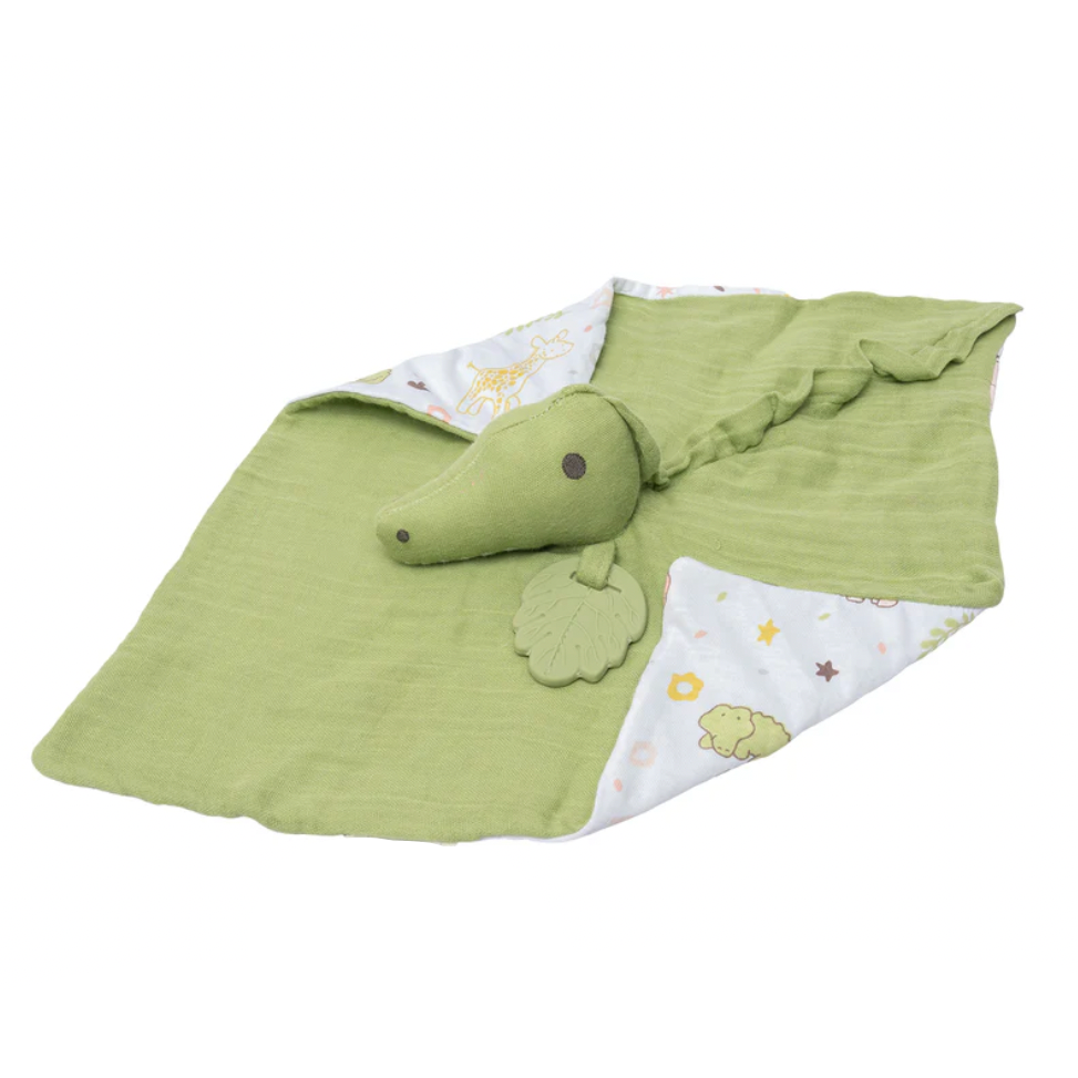 Green baby blanket with toy alligator on a white background, featuring the Tiki Ri brand.