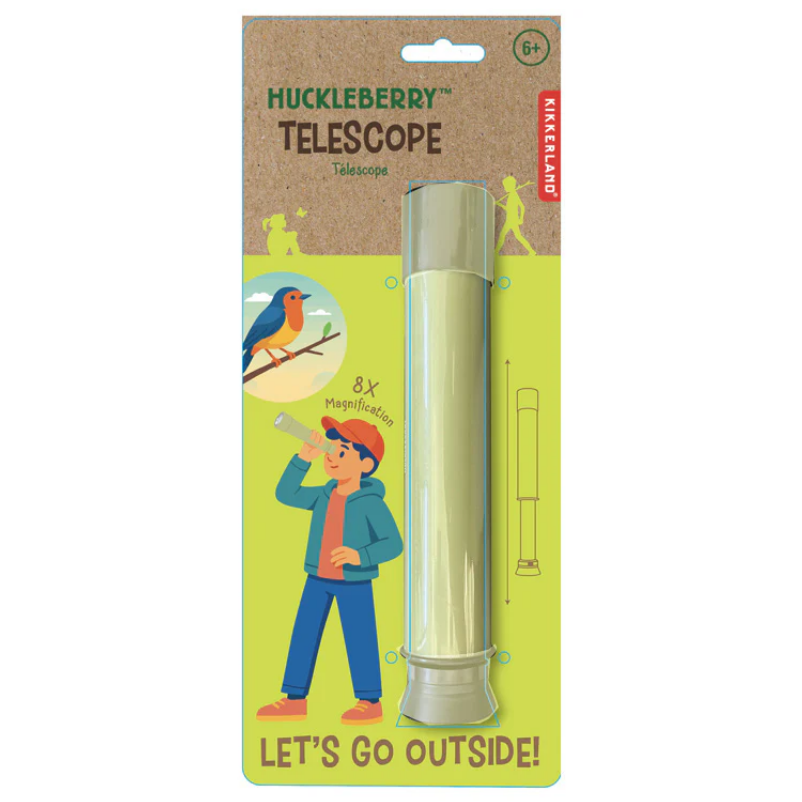 Huckleberry Telescope packaging with a child and bird illustration on a green background
