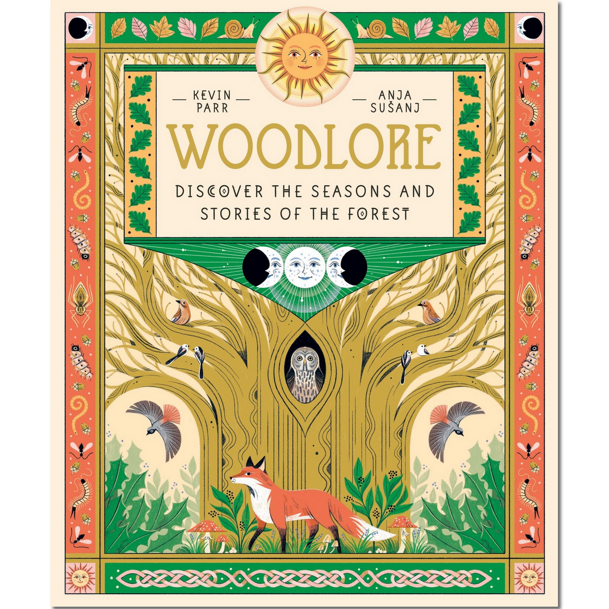 Book cover of 'Woodlore' with a forest design and animals on a white background