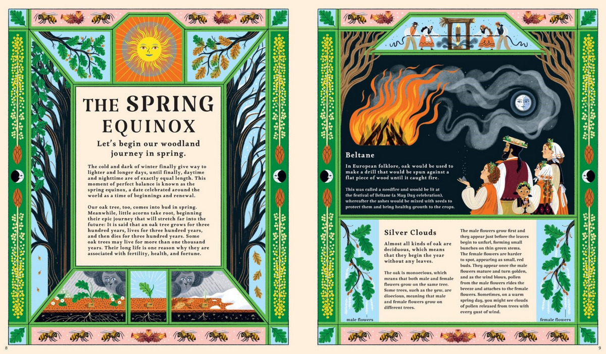 Illustrated pages about the Spring Equinox with text and graphics on a green background.