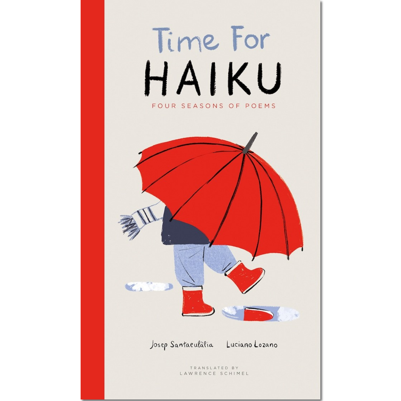 Book cover of 'Time For Haiku' with a person holding a red umbrella on a white background
