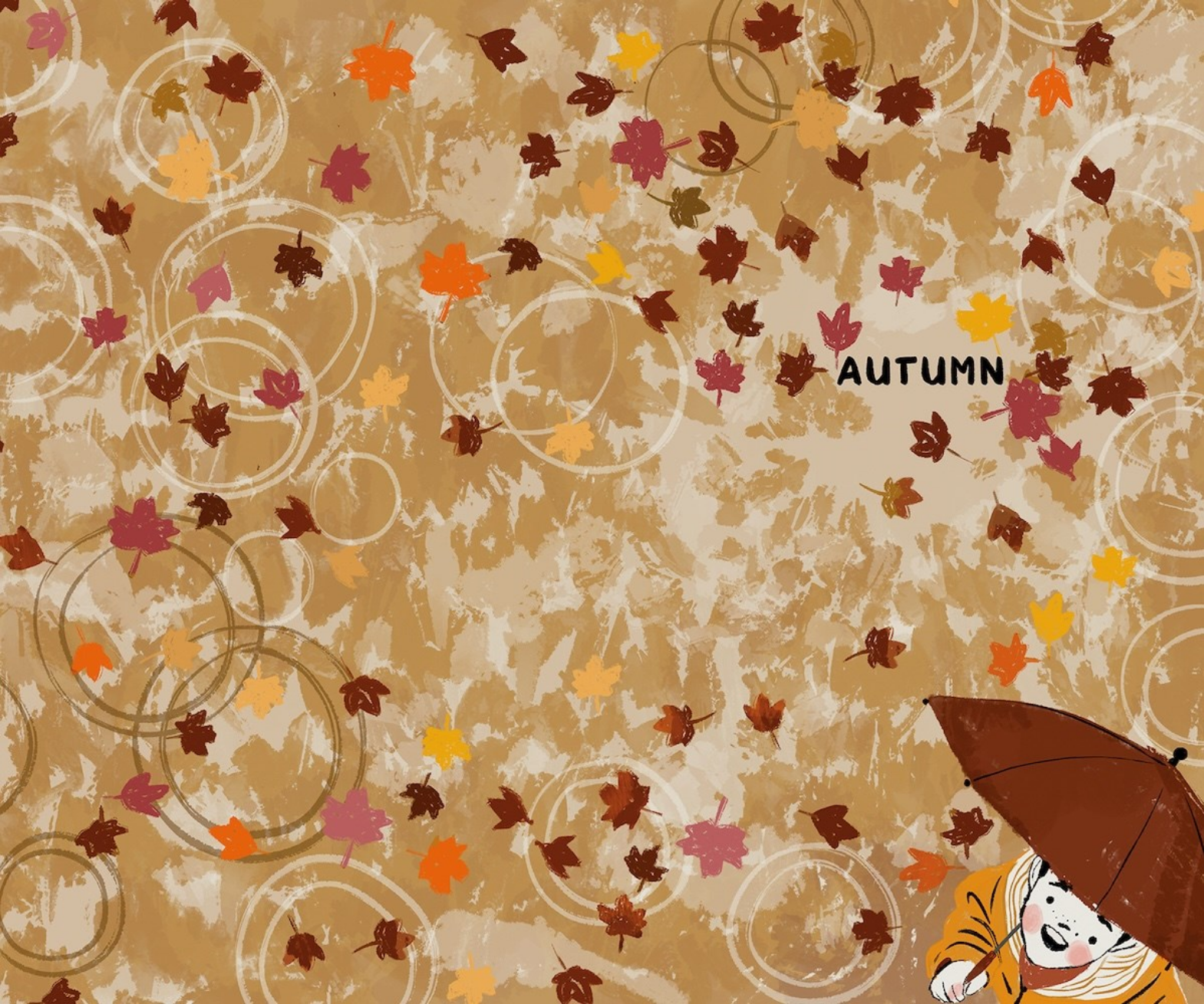 Autumn-themed background with leaves and a character holding an umbrella.