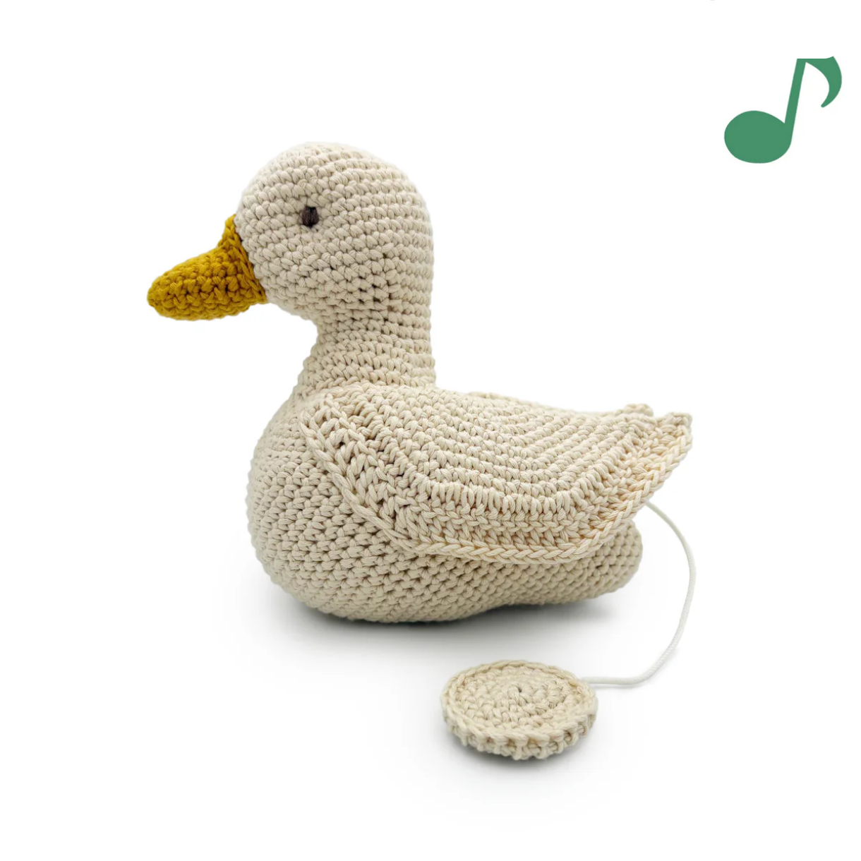 Crocheted duck toy with a string on a white background