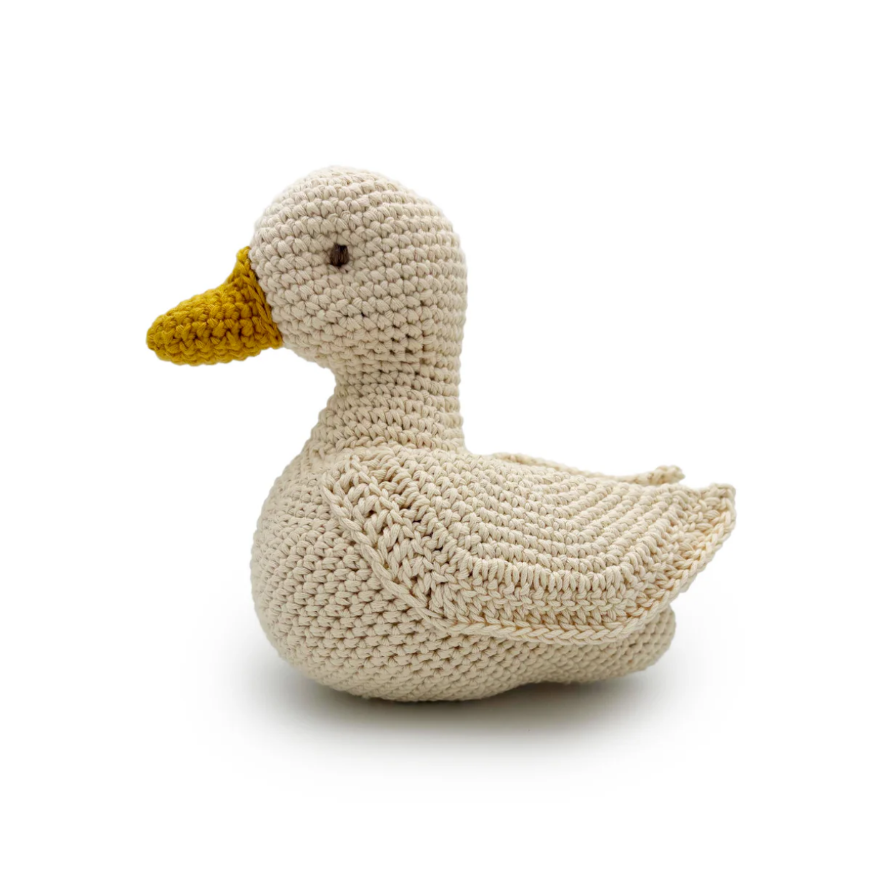 Knitted duck toy on a white background