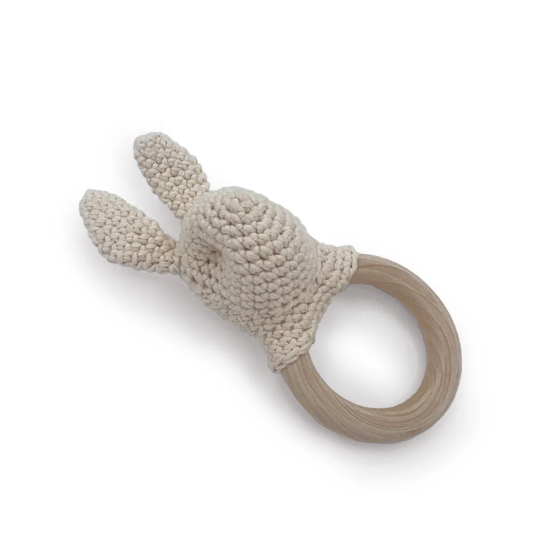 Textured bunny-shaped teething ring on a white background