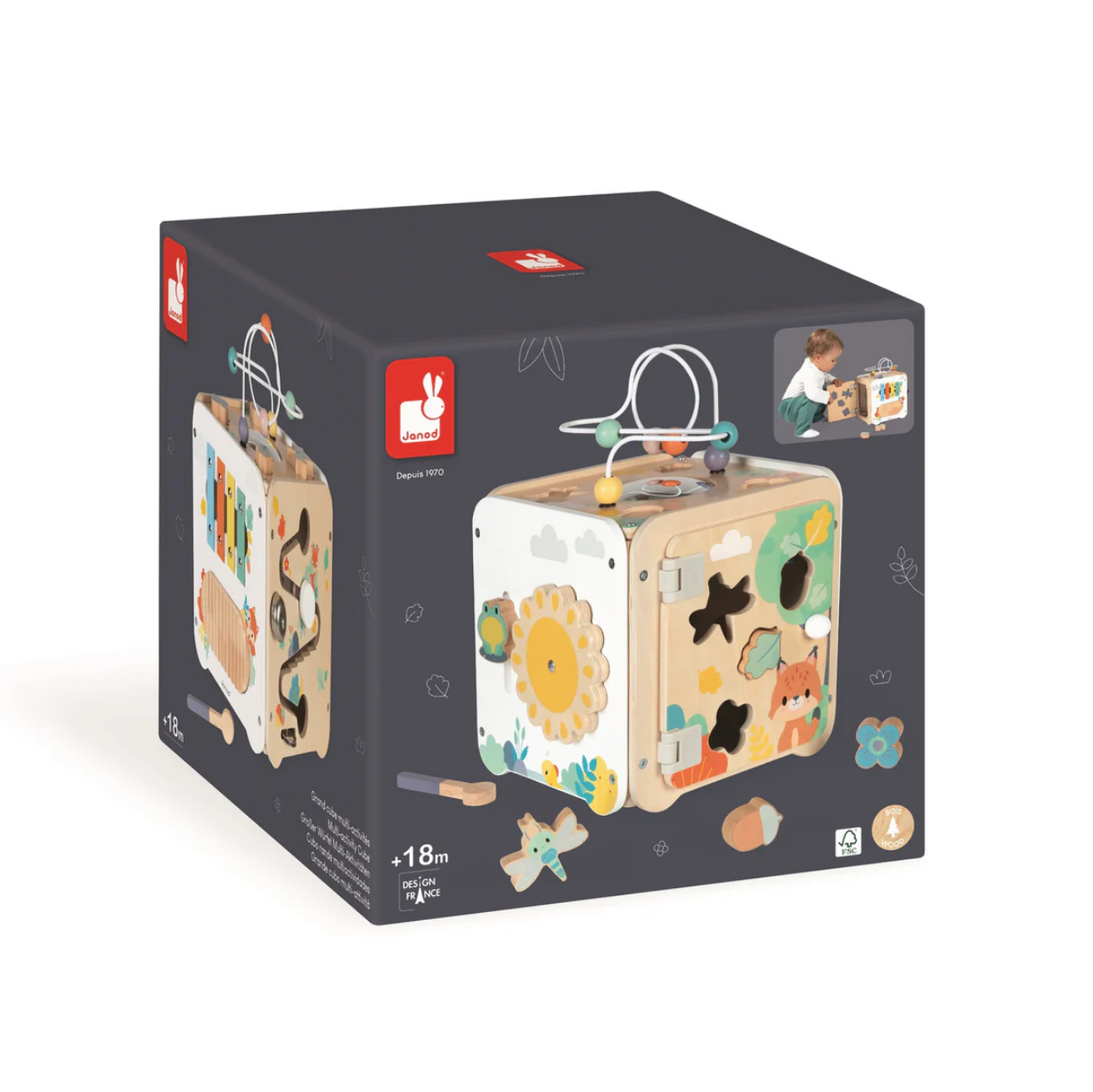 Children's wooden activity set in packaging on a white background