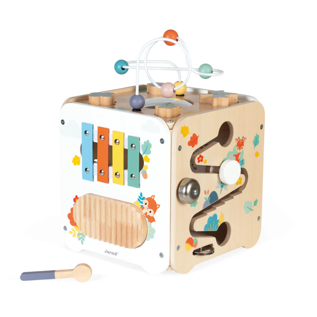 Wooden activity cube with various educational elements on a white background