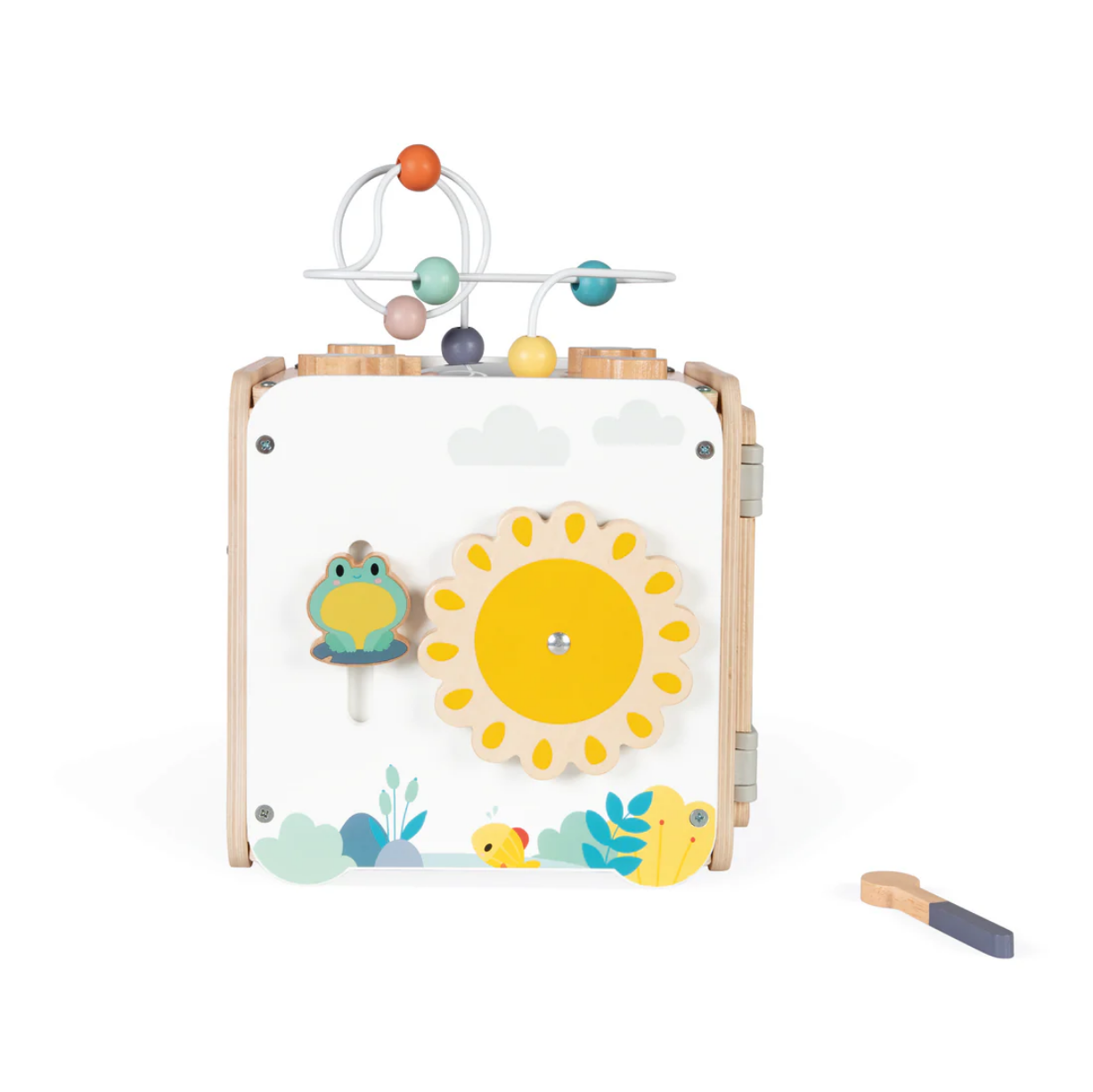 Children's drawing board with colorful drawing and a toy on a white background