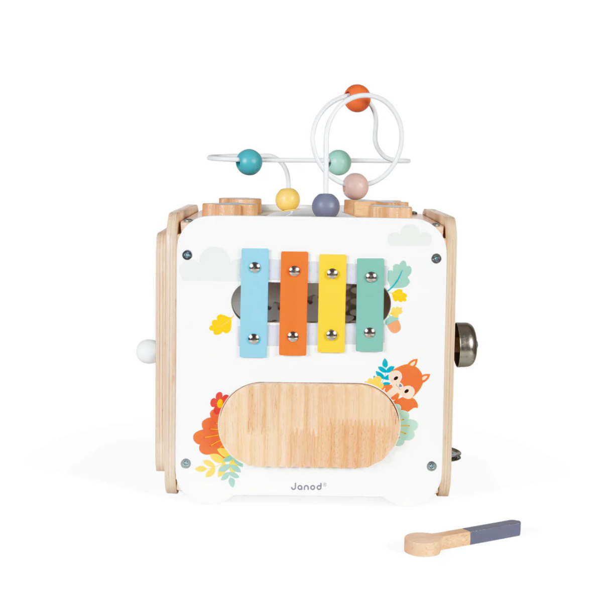 Children's musical toy with xylophone and hanging beads on a white background