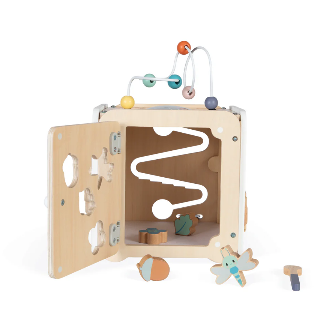 Wooden children's puzzle with beads and knobs on a white background