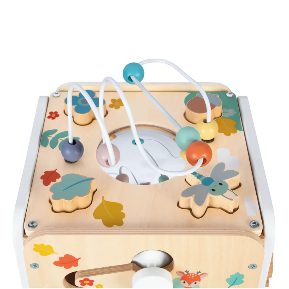 Wooden toy with colorful designs on a white background