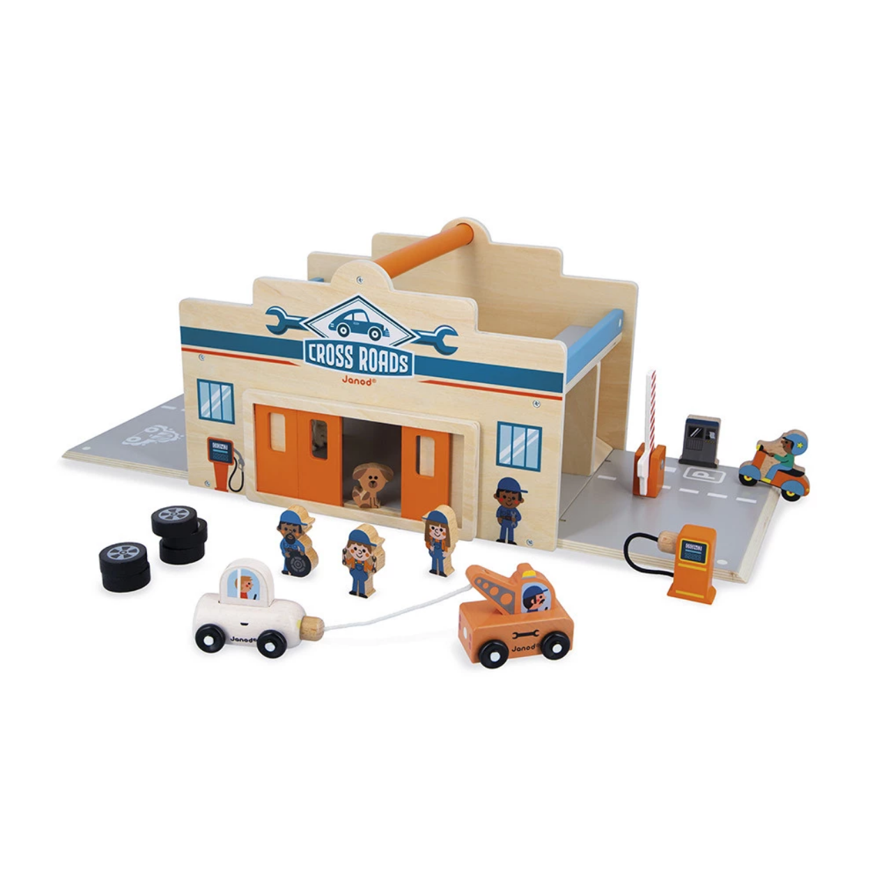 Toy mechanic garage set with various vehicles and characters on a white background