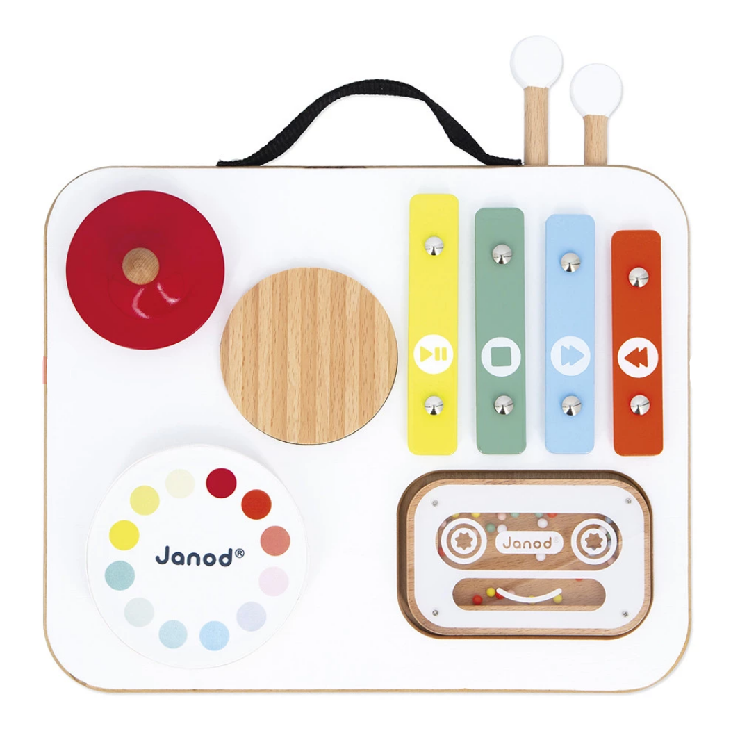 Children's toy with musical instruments and colorful buttons on a white background, featuring the Janod brand.