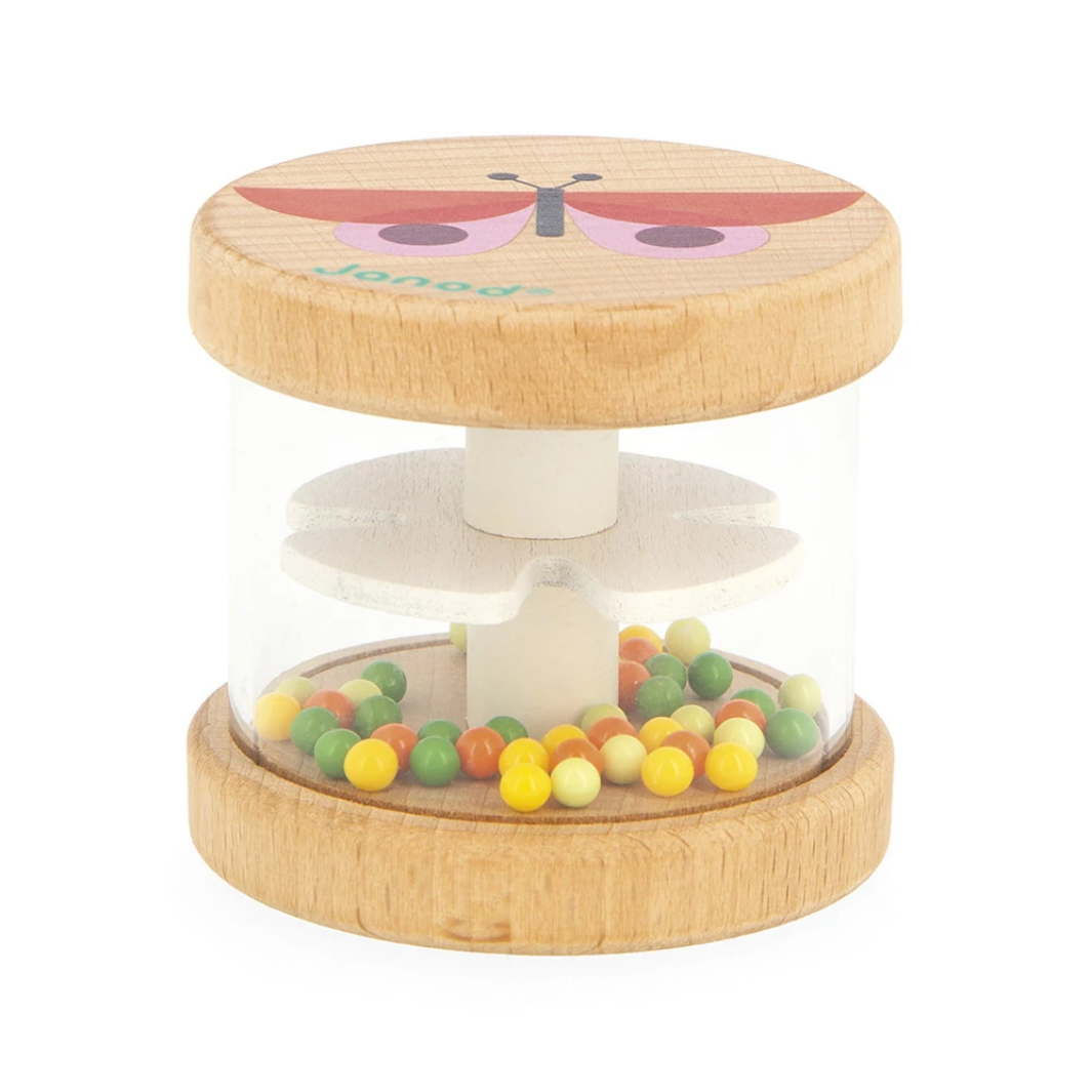 Wooden toy with a butterfly design and colorful beads inside, on a white background.