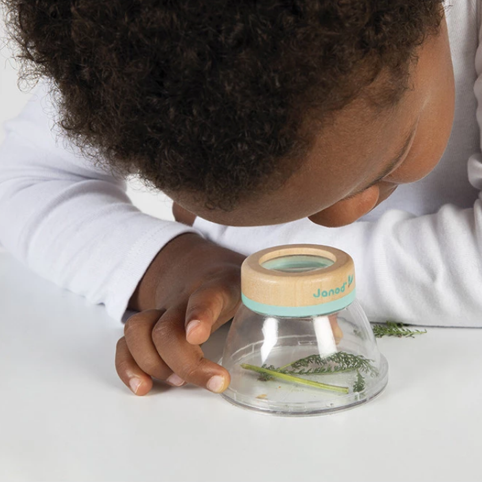 Child looking into a clear container with a wooden lid on a white surface