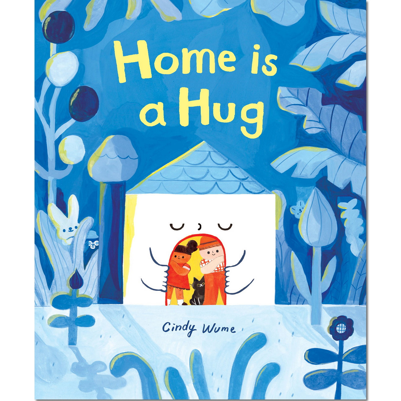 Book cover of 'Home is a Hug' with colorful illustrations on a blue background