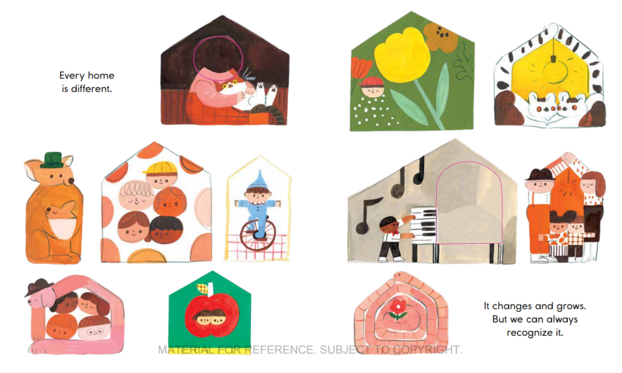 Illustrations of various homes with different activities and objects inside, set against a white background.