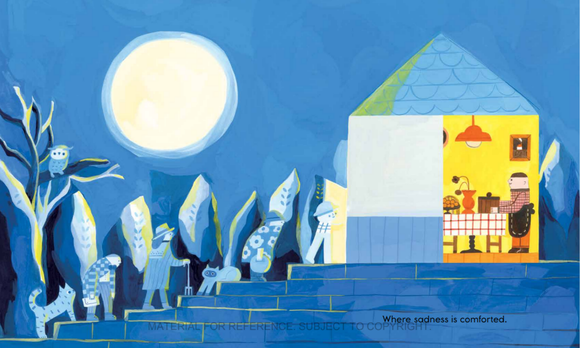 Illustration of a house with a moonlit sky and people around it.