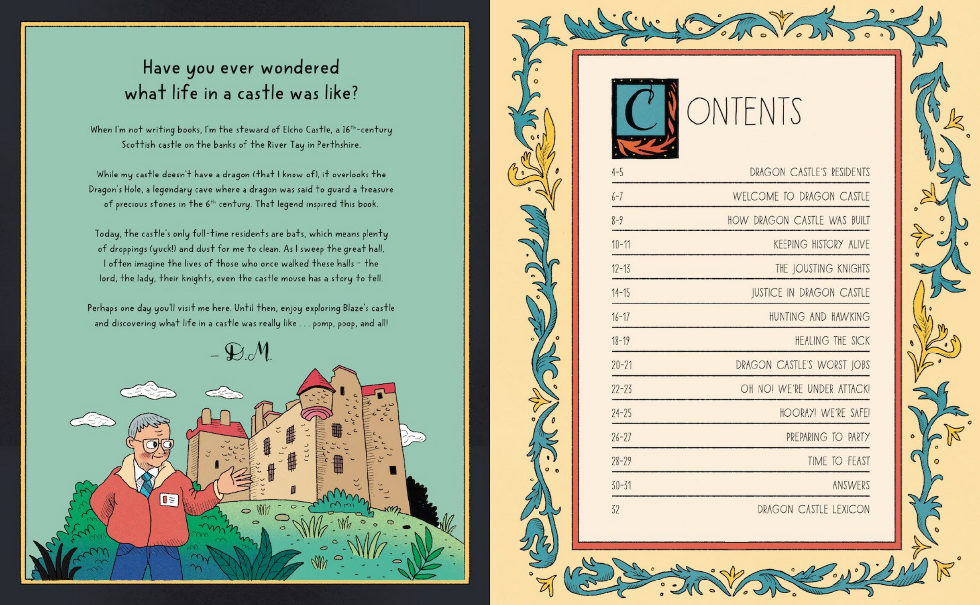 Book interior with a castle illustration and table of contents on a yellow background