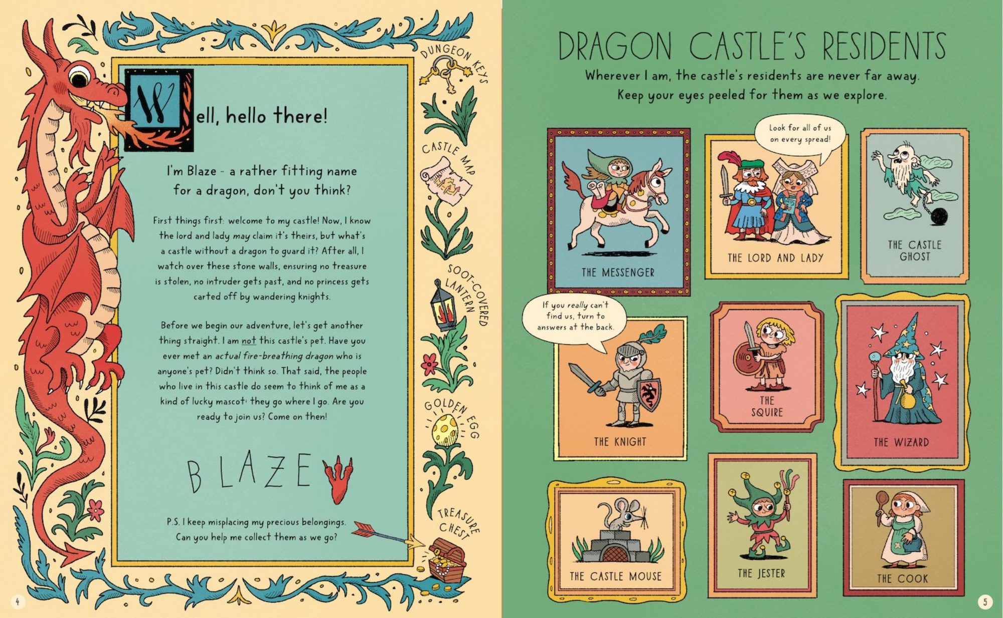 Illustrated book page with a dragon and various characters from 'Dragon Castle's Residents' on a green background.