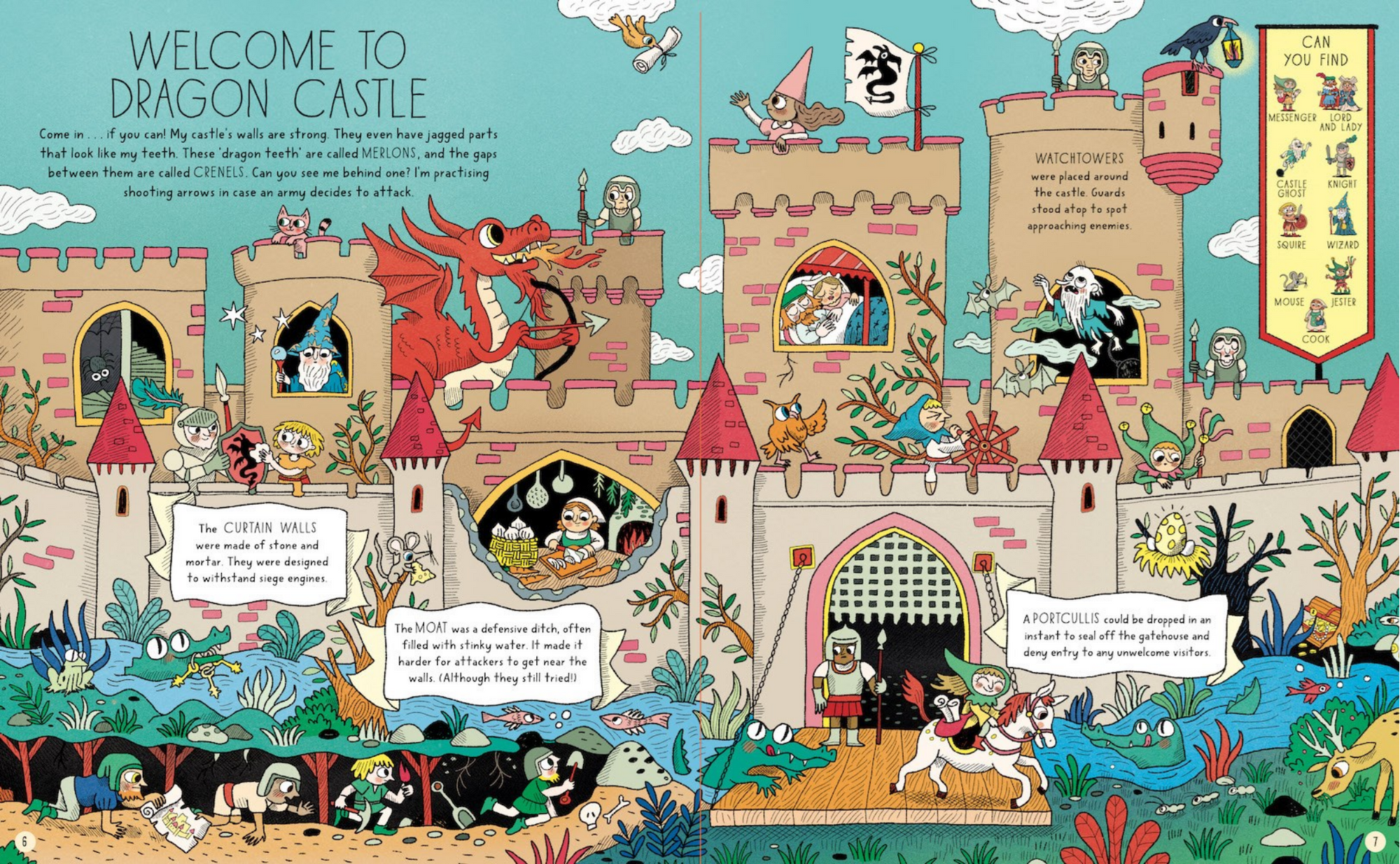 Colorful illustration of a dragon castle with various characters and elements.