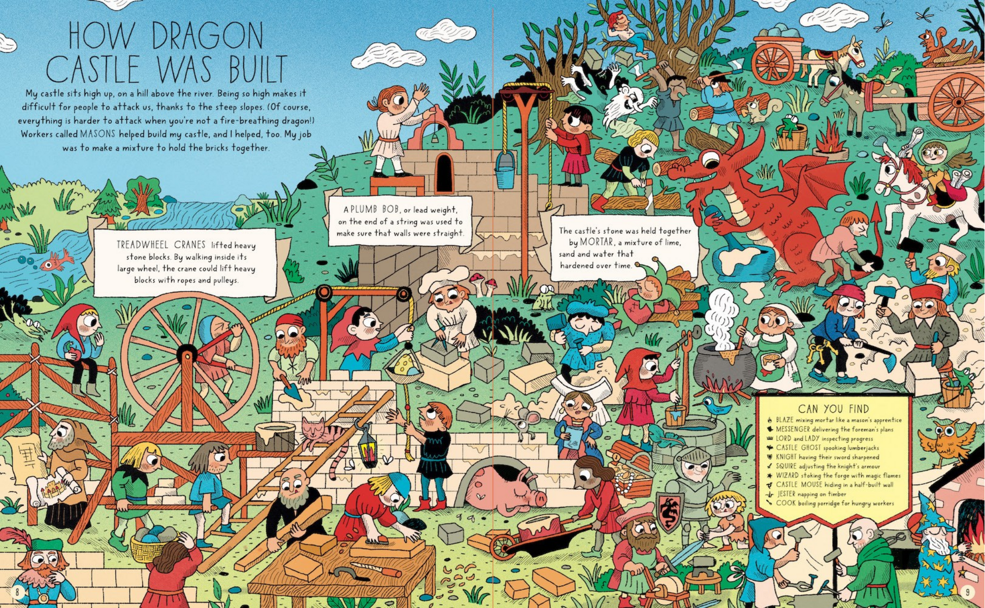 Illustrated scene from a children's book showing the construction of a dragon castle with various characters and activities.