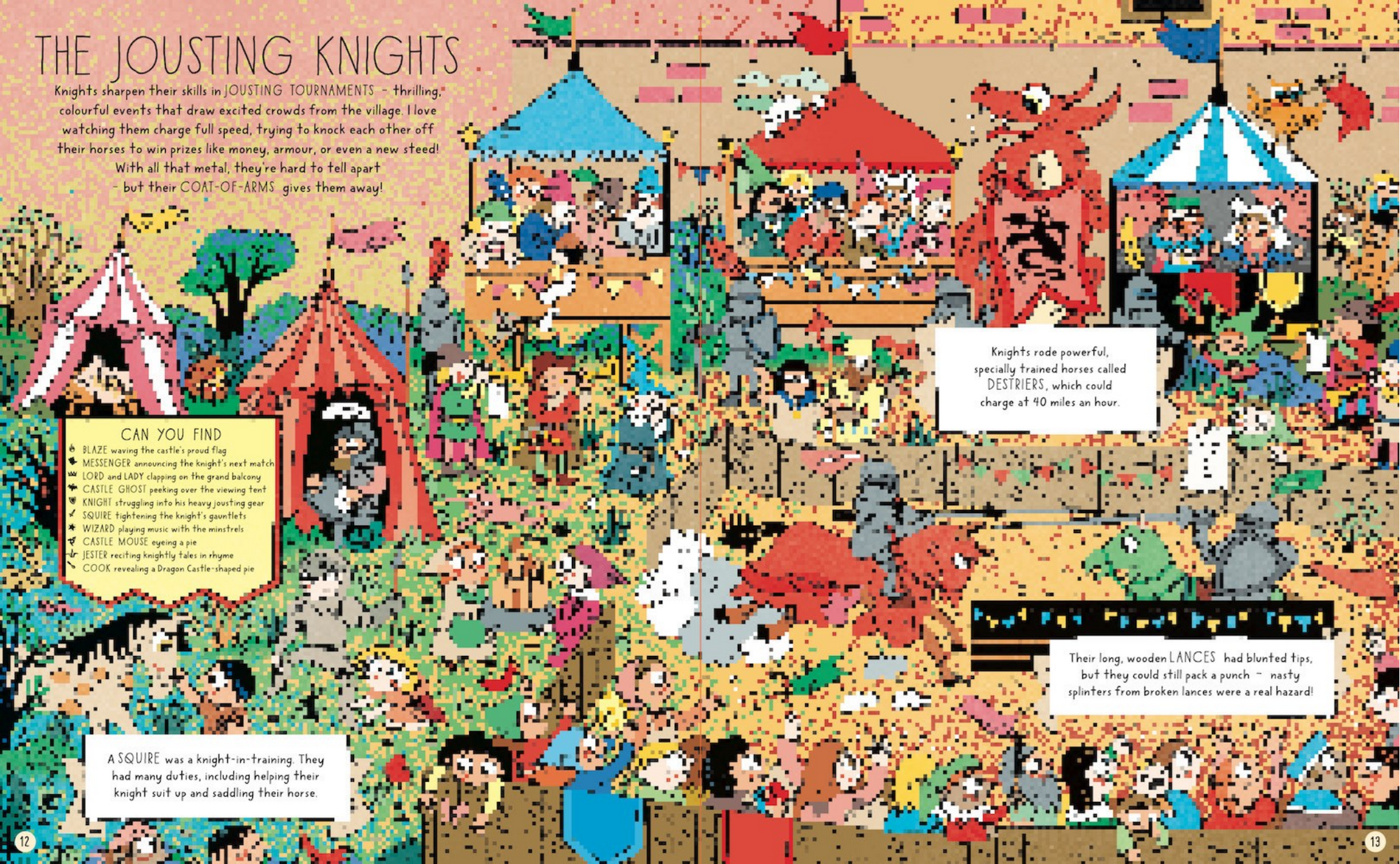 Illustration of a medieval fair with various activities and characters.