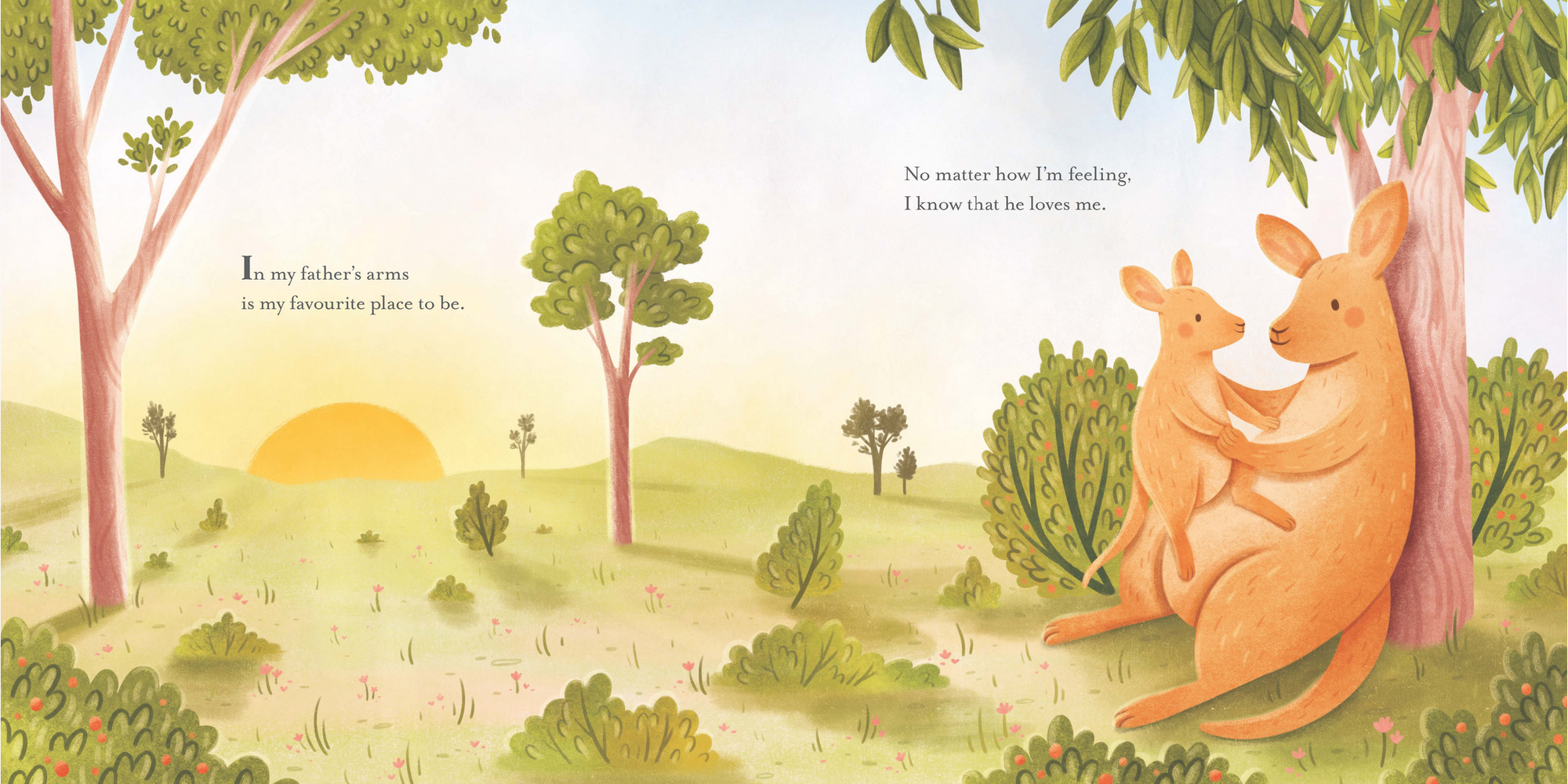 Illustration of two kangaroos in a natural setting with trees and a sunset.