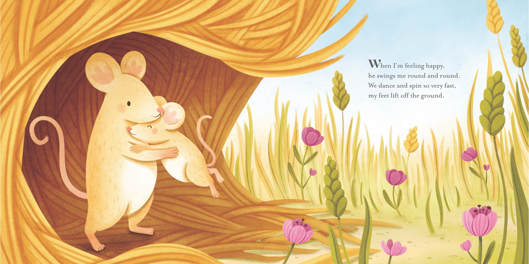 Illustration of two mice hugging inside a straw hut with a grassy field and flowers in the background.