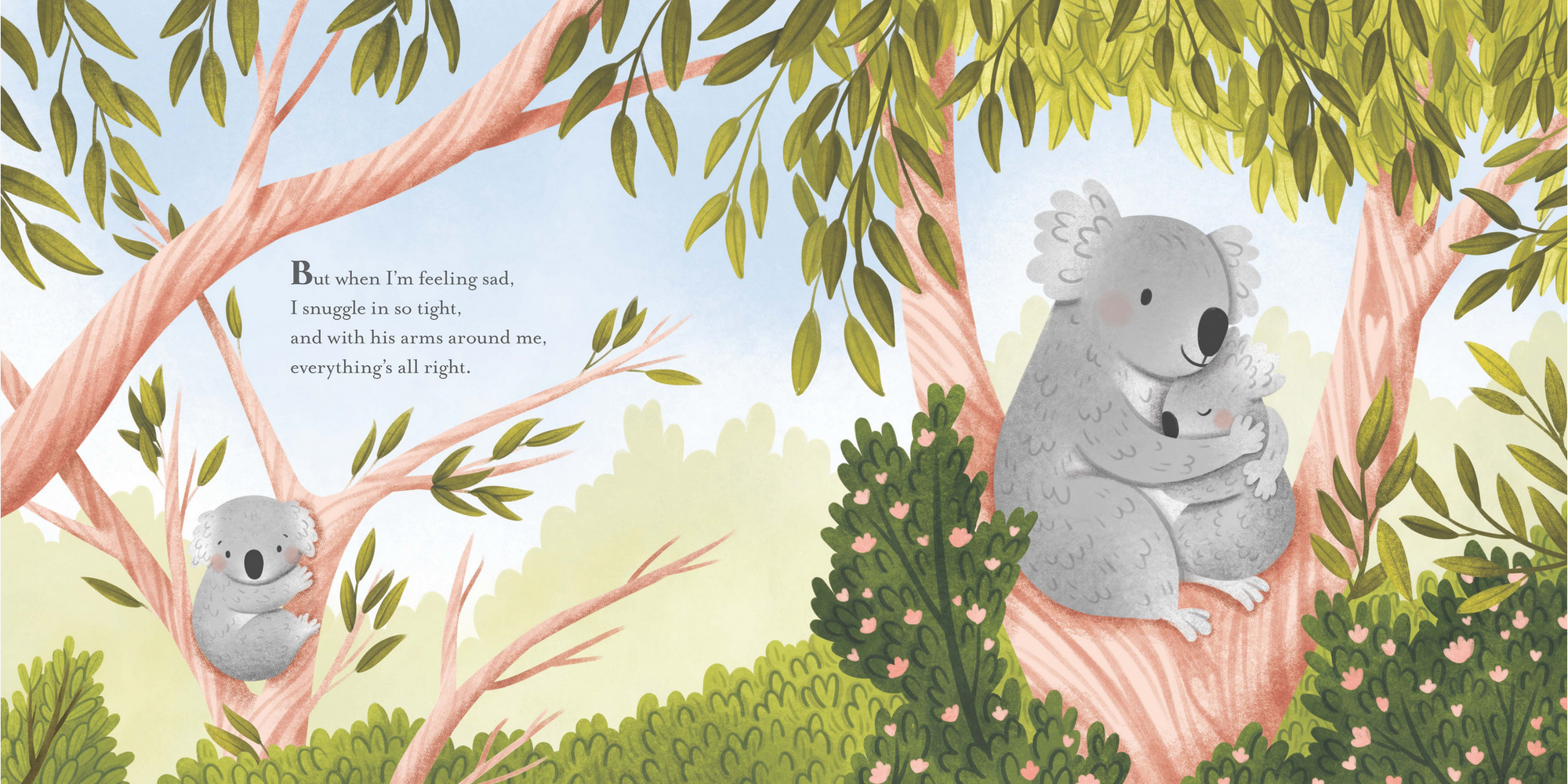 Illustration of a koala in a tree with another koala and text on a nature-themed background