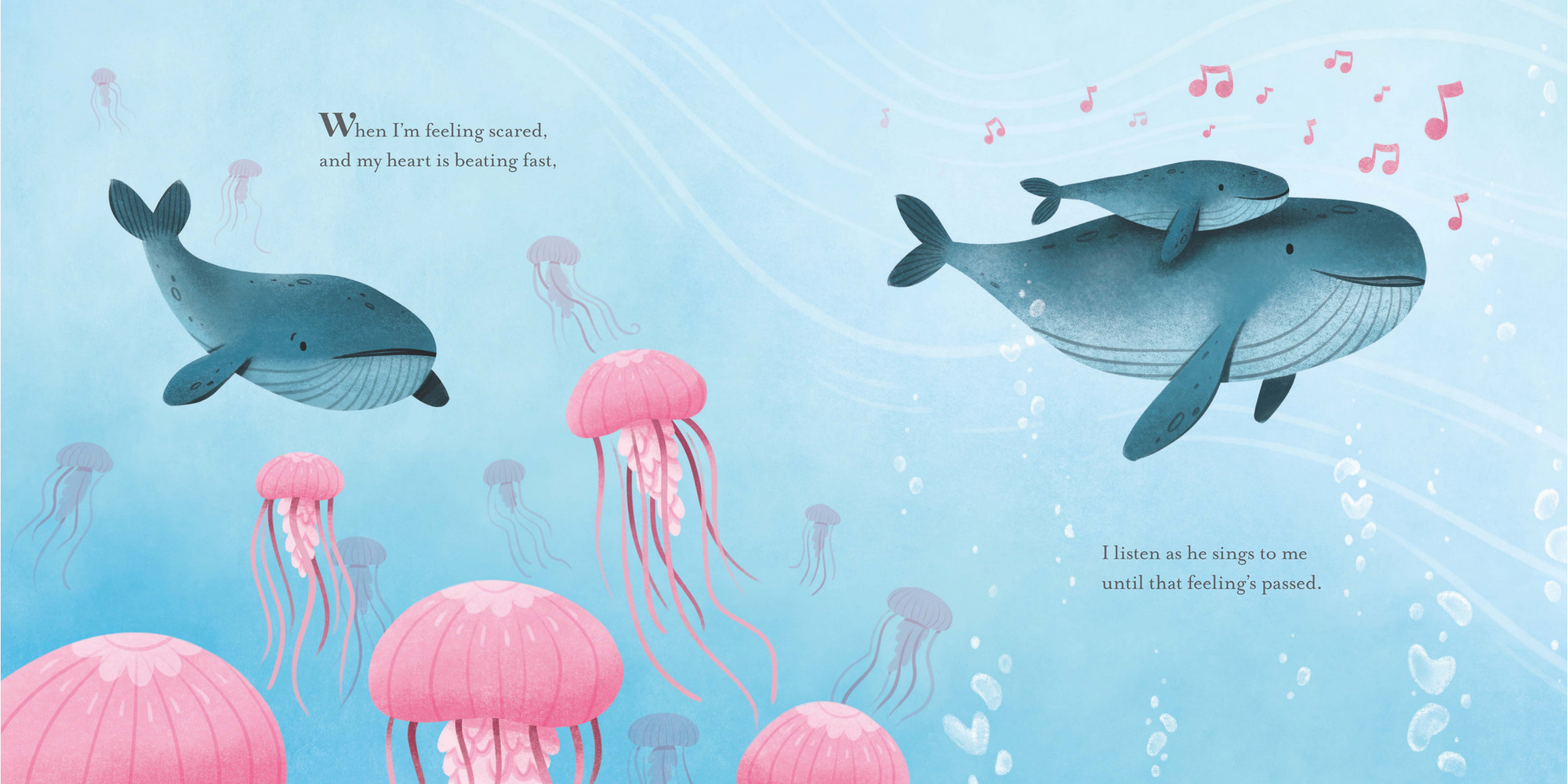 Illustration of two whales and pink jellyfish swimming underwater with musical notes and text.